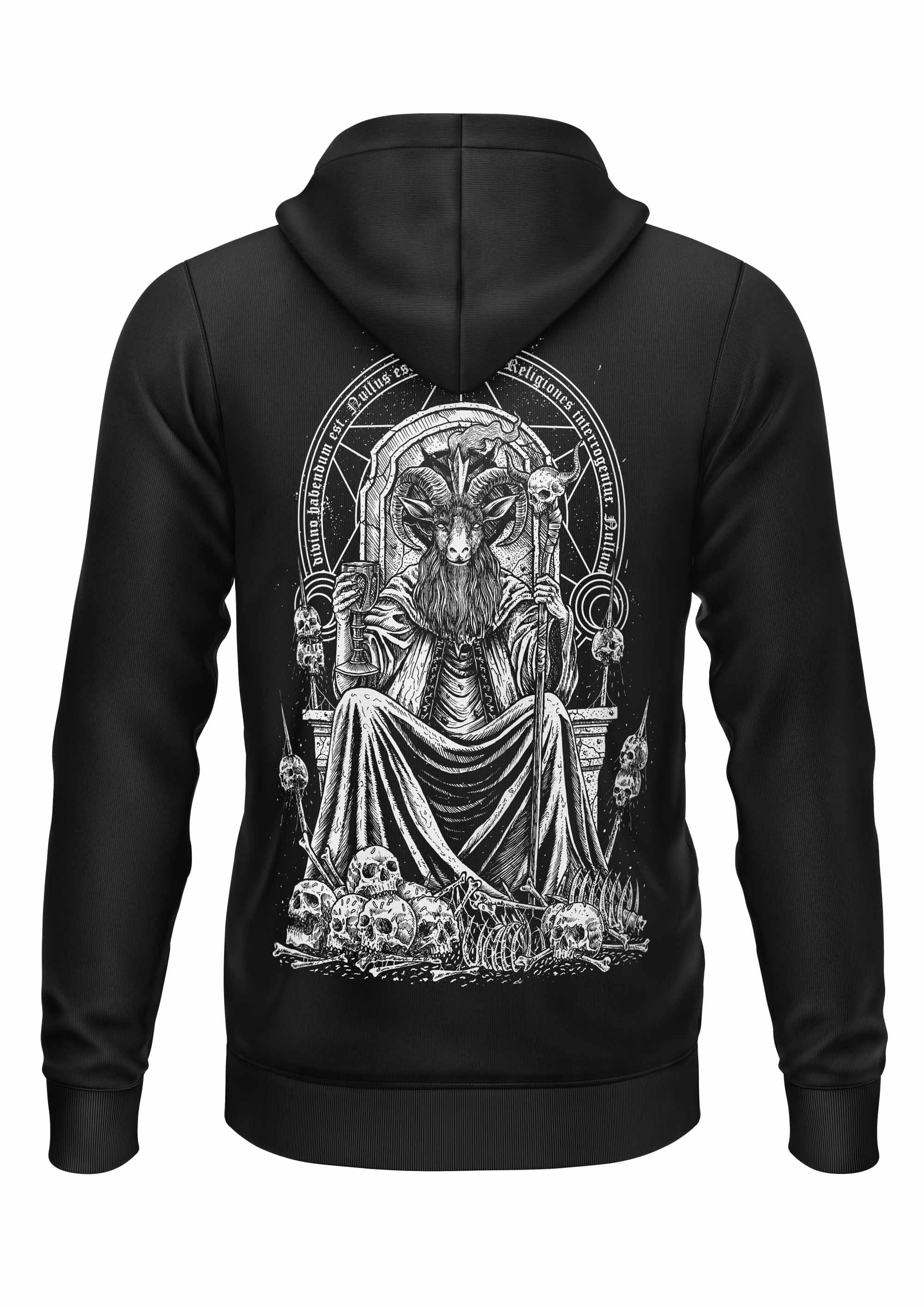 Schwarzer Gothic-Zipper-Hoodie Baphomets Throne mit Ziegenkopf-Figur auf Thron und Totenköpfen